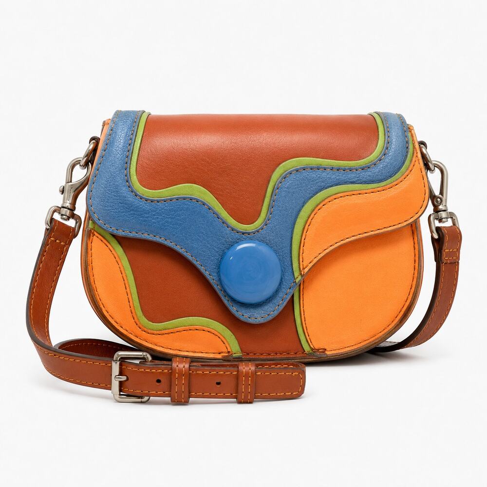 John Fluevog Mini Leather Crossbody Multicolor Orange Blue Green Shoulder Purse